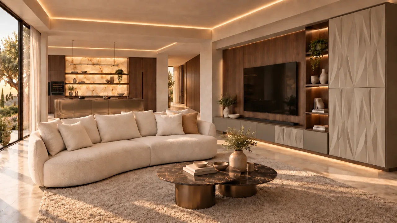 Villa Mansi Home: living con divano chiaro, parete in noce e cucina sullo sfondo
